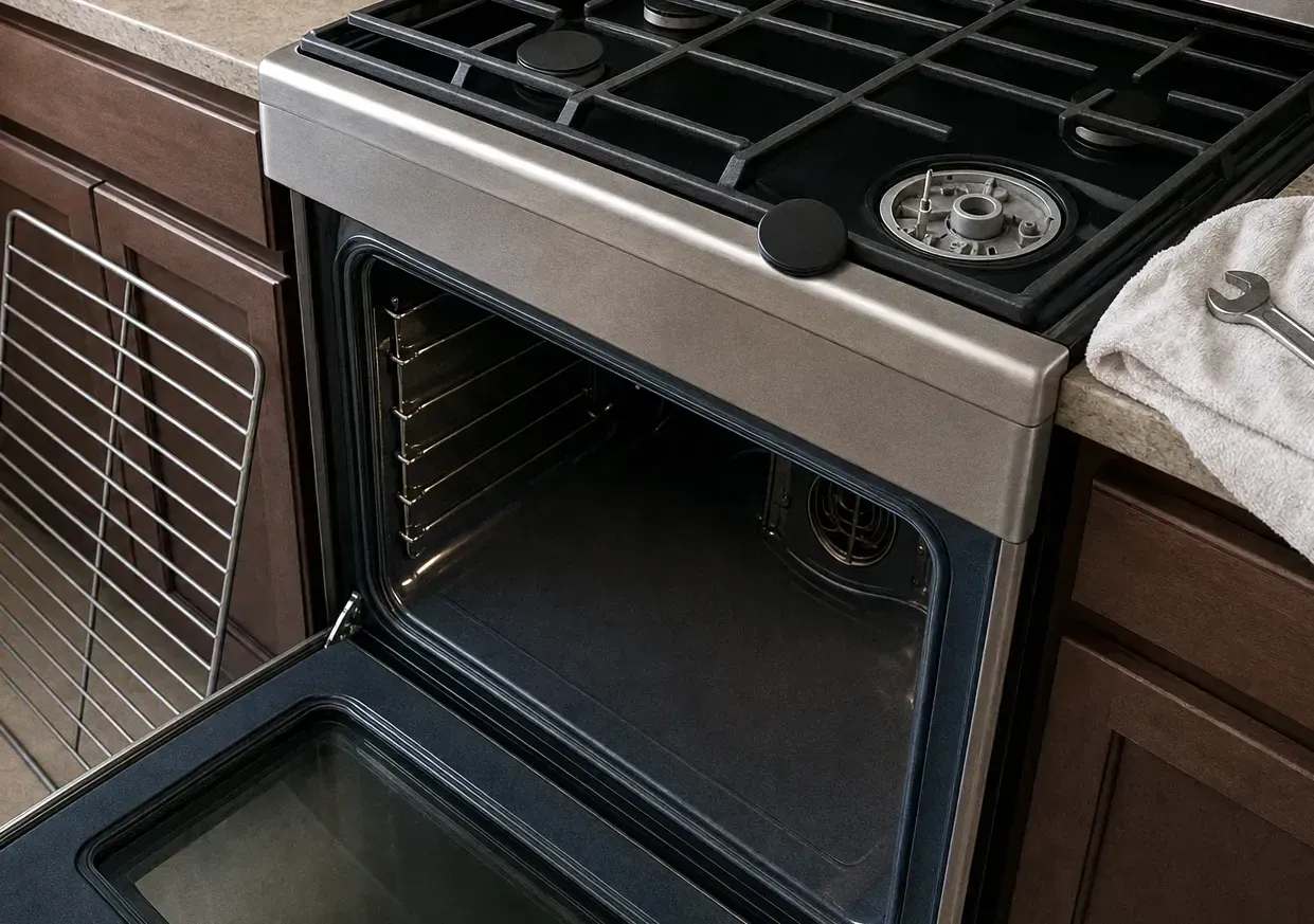 A stainless gas range with the oven door open, one burner cap removed on the cooktop and a towel folded on the adjoining counter